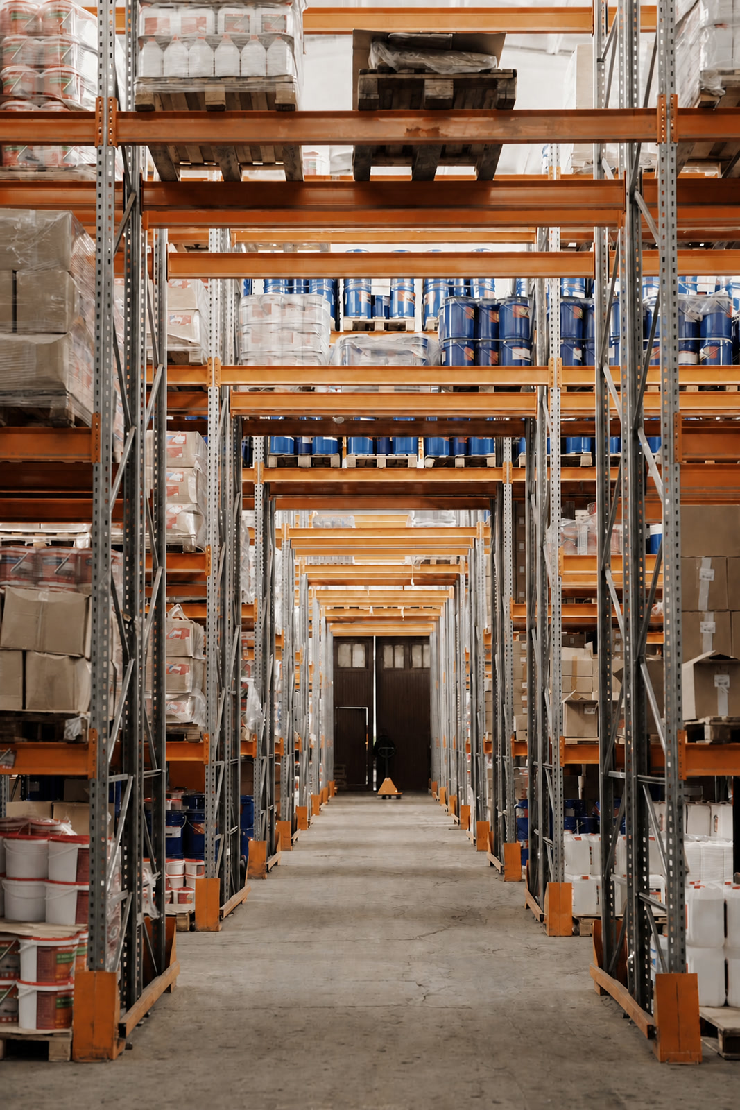 Warehouse aisles with pallets and stock